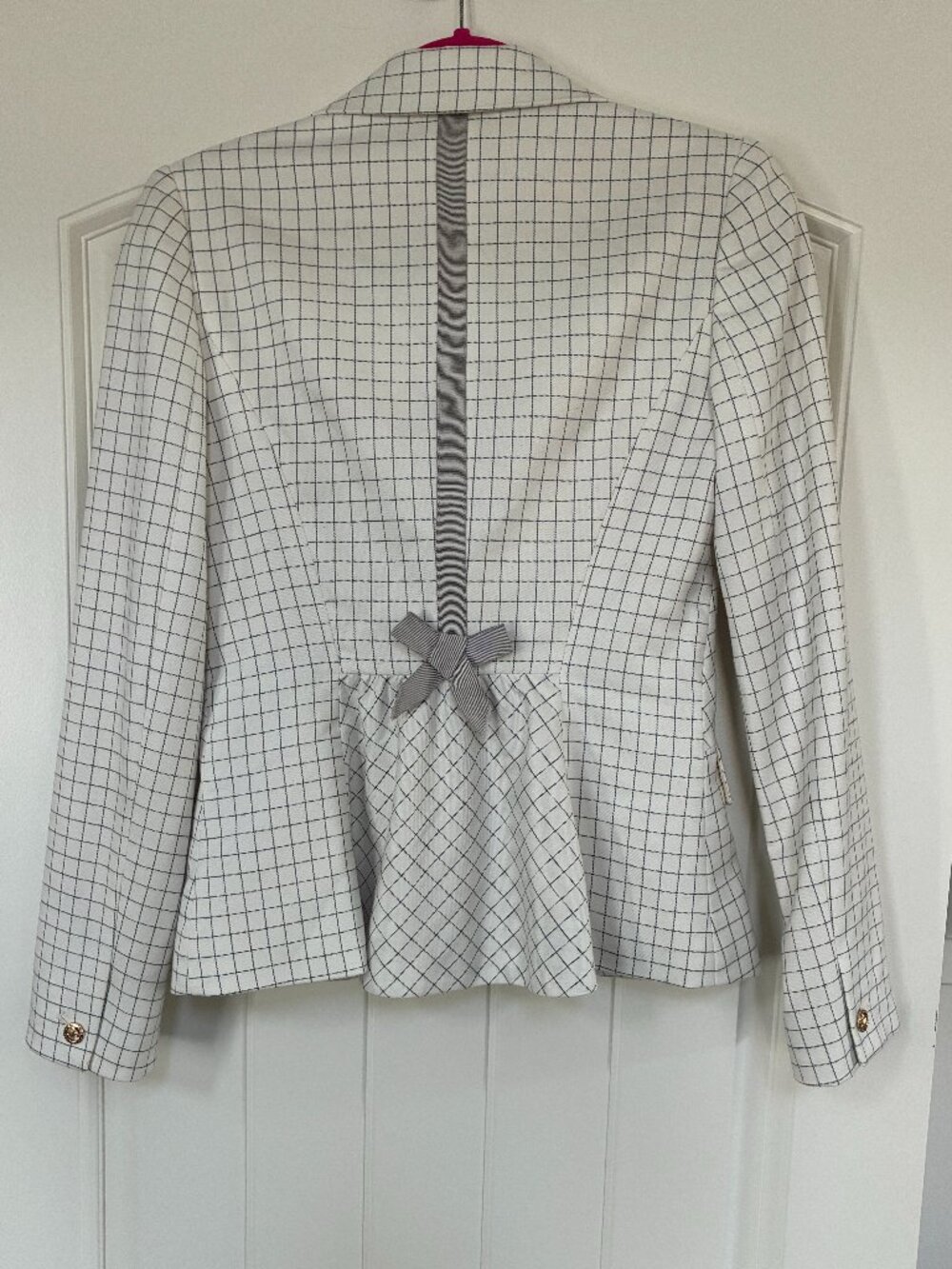 Ivanka Trump Peplum Blazer Sz 2 White Grey Windowpane Check Bow Back
